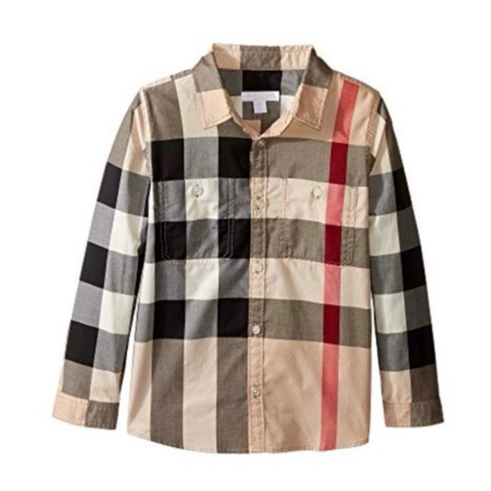 BURBERRY CHILDREN Boys SIZE 10 Youth Tan Black & Red Flannel Button Down…